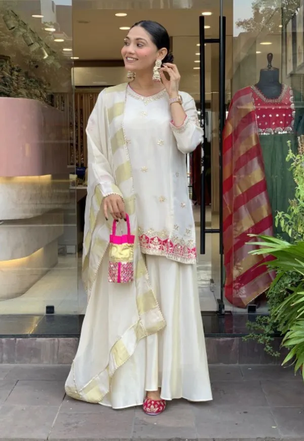 White_Premium_Glass_Tissue_Premium_&_Fancy_Design_Kurti_And_Palazzo_Set_For_Women