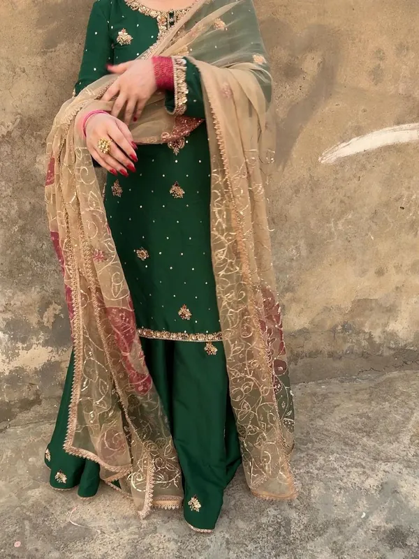 Green_Pure_Vichitra_Premium_&_Fancy_Design_Kurti_And_Palazzo_Set_For_Women