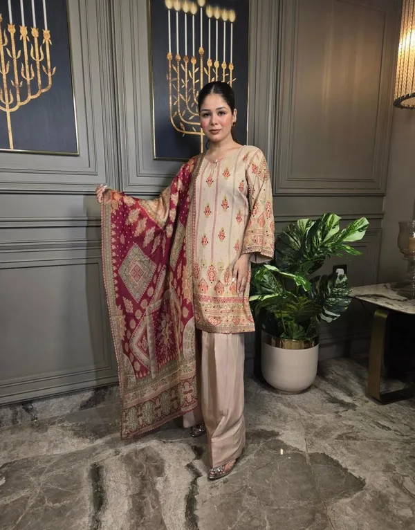 Beige_And_Red_Cotton_Premium_&_Fancy_Design_Suit_Set_For_Women