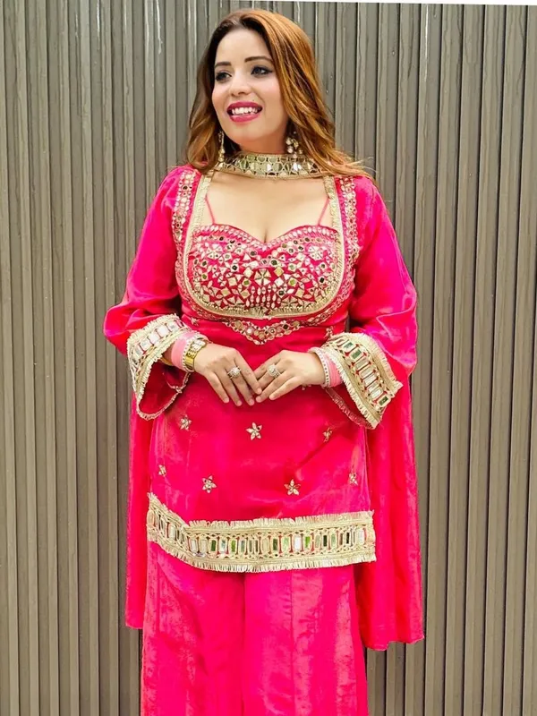 Deep_Pink_Silk_Premium_&_Fancy_Design_Kurti_And_Palazzo_Set_For_Women