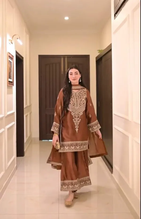 Brown_Chinon_Premium_&_Fancy_Design_Kurti_And_Pant_Set_For_Women