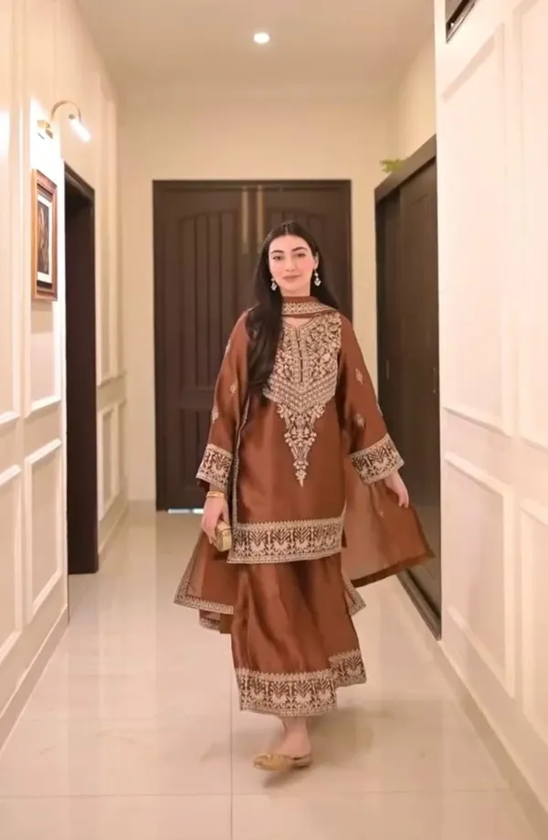 Brown_Chinon_Premium_&_Fancy_Design_Kurti_And_Pant_Set_For_Women