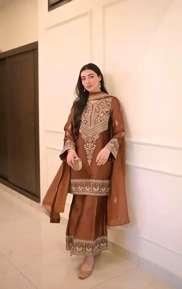 Brown_Chinon_Premium_&_Fancy_Design_Kurti_And_Pant_Set_For_Women