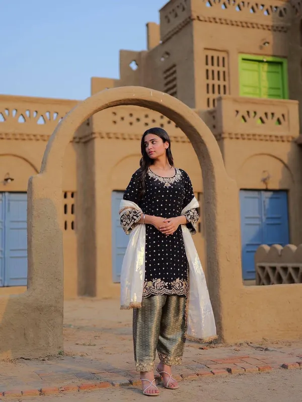 Black_And_Gold_Chinon_Premium_&_Fancy_Design_Kurti_And_Pant_Set_For_Women
