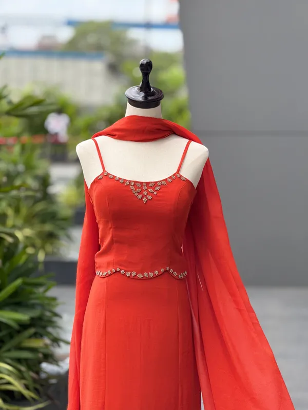 Red_Georgette_Premium_&_Fancy_Design_Top_And_Skirt_Set_For_Women