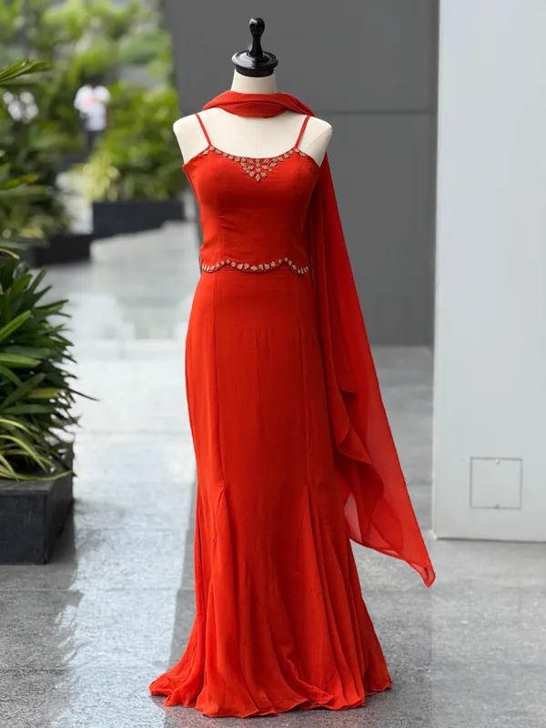 Red_Georgette_Premium_&_Fancy_Design_Top_And_Skirt_Set_For_Women