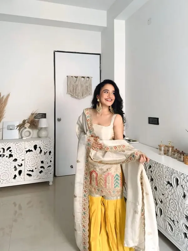 Off_White_And_Yellow_Cotton_Premium_&_Fancy_Design_Kurti_And_Palazzo_Set_For_Women