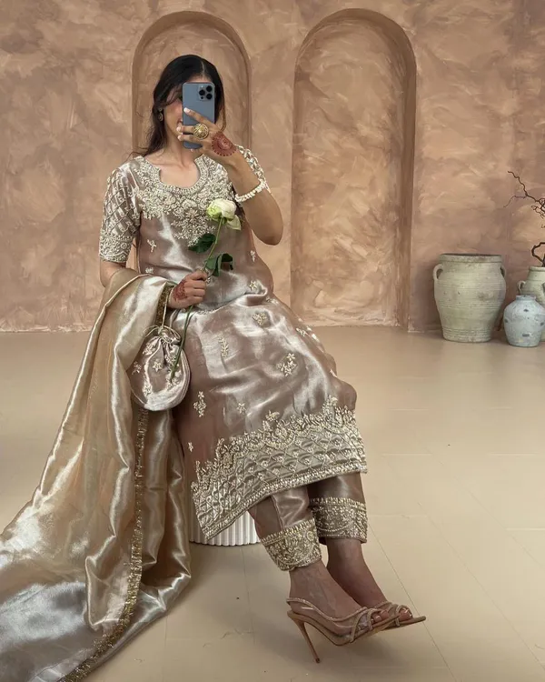 Gold_Cotton_Premium_&_Fancy_Design_Kurti_And_Pant_Set_For_Women