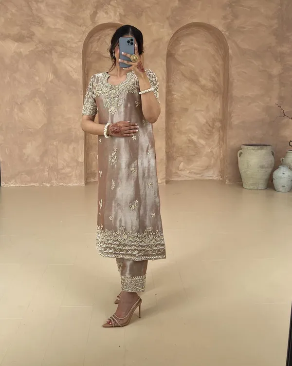 Gold_Cotton_Premium_&_Fancy_Design_Kurti_And_Pant_Set_For_Women