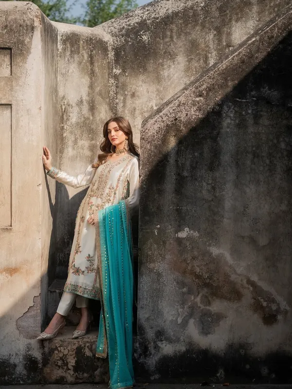 Off_White_Cotton_Premium_&_Fancy_Design_A_Line_Kurti_And_Pant_Set_For_Women