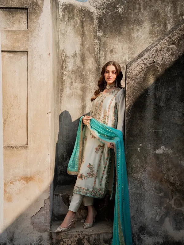 Off_White_Cotton_Premium_&_Fancy_Design_A_Line_Kurti_And_Pant_Set_For_Women