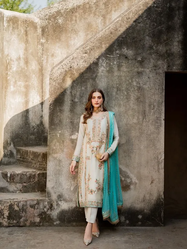 Off_White_Cotton_Premium_&_Fancy_Design_A_Line_Kurti_And_Pant_Set_For_Women