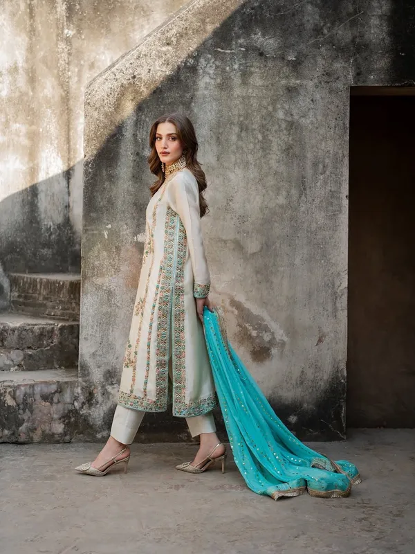 Off_White_Cotton_Premium_&_Fancy_Design_A_Line_Kurti_And_Pant_Set_For_Women