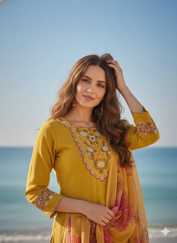 Yellow_Organza_Premium_&_Fancy_Design_Kurti_And_Pant_Set_For_Women