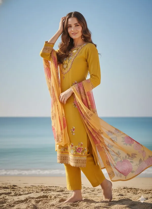 Yellow_Organza_Premium_&_Fancy_Design_Kurti_And_Pant_Set_For_Women