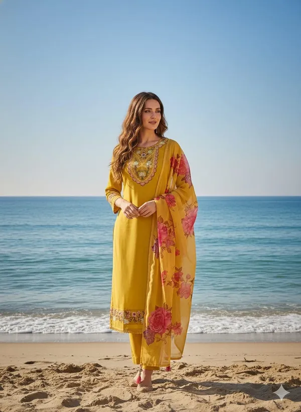 Yellow_Organza_Premium_&_Fancy_Design_Kurti_And_Pant_Set_For_Women