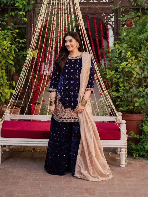 Blue_Crepe_Premium_&_Fancy_Design_Kurti_And_Palazzo_Set_For_Women