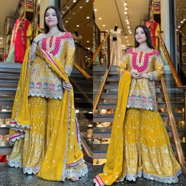 Yellow_Cotton_Premium_&_Fancy_Design_Kurti_And_Sharara_Set_For_Women