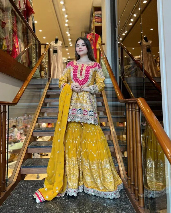 Yellow_Cotton_Premium_&_Fancy_Design_Kurti_And_Sharara_Set_For_Women