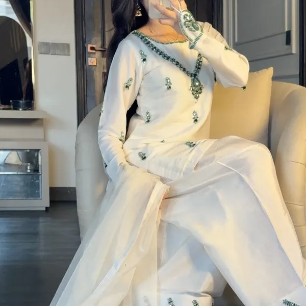 White_Cotton_Premium_&_Fancy_Design_Kurti_And_Pant_Set_For_Women