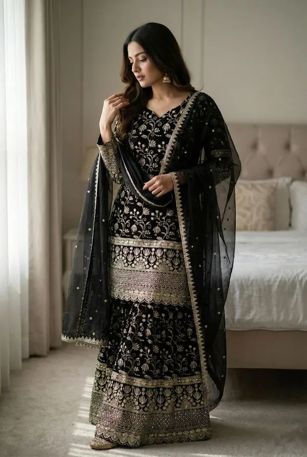 Black_Cotton_Premium_&_Fancy_Design_Kurti_And_Sharara_Set_For_Women