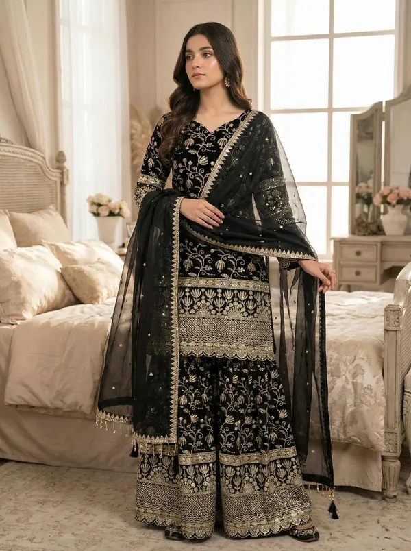 Black_Cotton_Premium_&_Fancy_Design_Kurti_And_Sharara_Set_For_Women