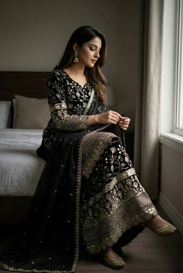 Black_Cotton_Premium_&_Fancy_Design_Kurti_And_Sharara_Set_For_Women