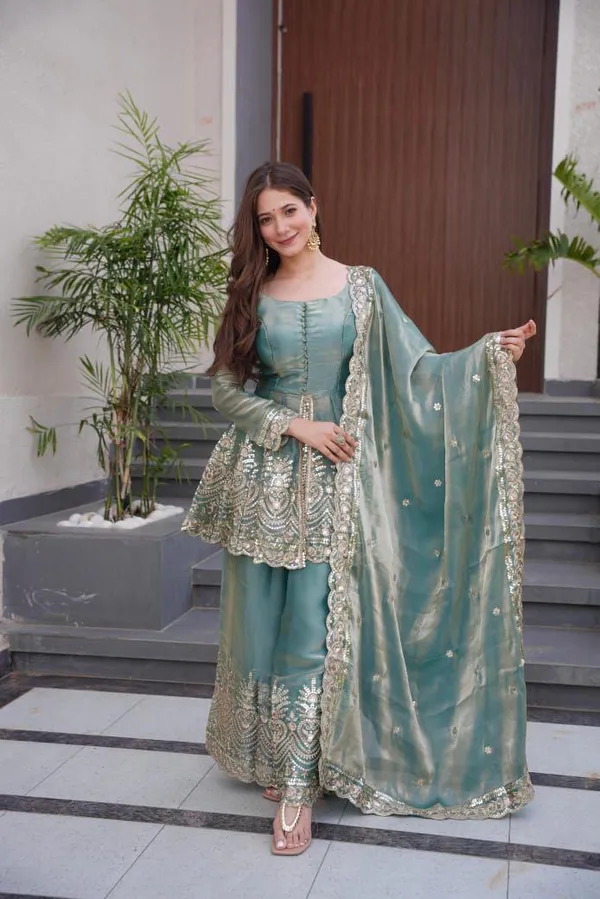 Green_Cotton_Premium_&_Fancy_Design_Kurti_And_Sharara_Set_For_Women