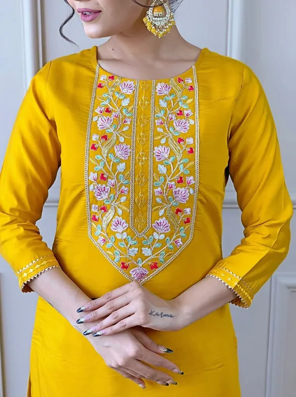 Yellow_Chinon_Premium_&_Fancy_Design_Kurti_And_Pant_Set_For_Women