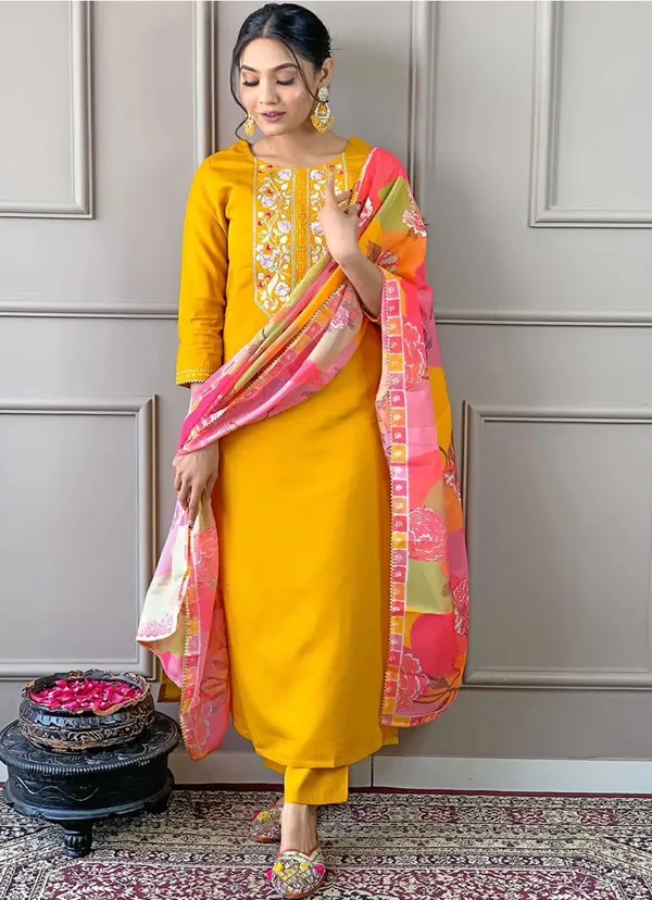 Yellow_Chinon_Premium_&_Fancy_Design_Kurti_And_Pant_Set_For_Women