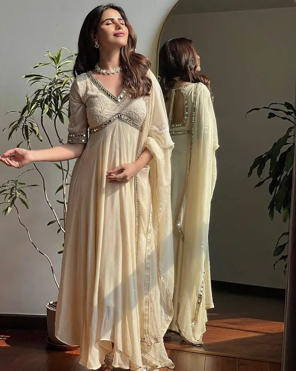 Cream_Cotton_Premium_&_Fancy_Design_A_Line_Kurti_For_Women