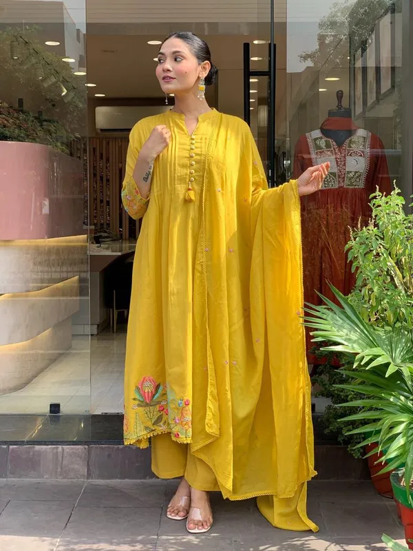 Yellow_Silk_Premium_&_Fancy_Design_Long_Kurti_And_Pant_Set_For_Women