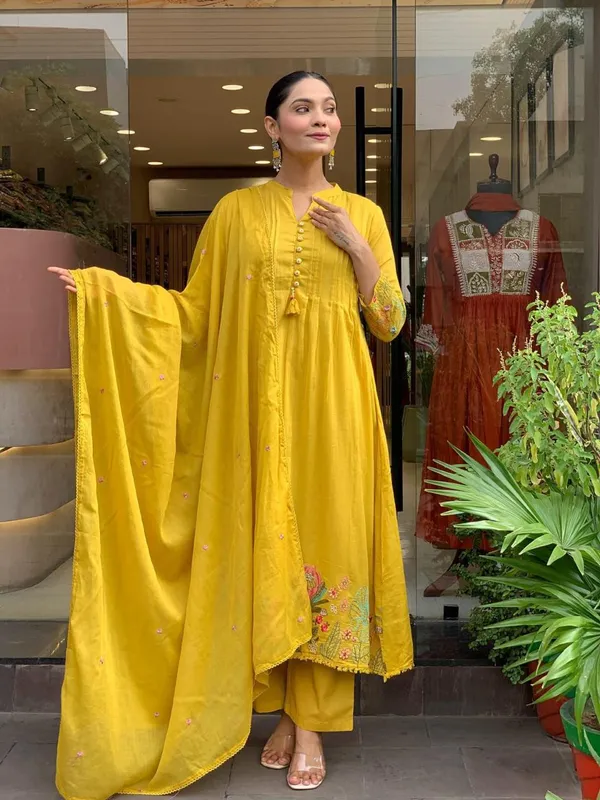 Yellow_Silk_Premium_&_Fancy_Design_Long_Kurti_And_Pant_Set_For_Women
