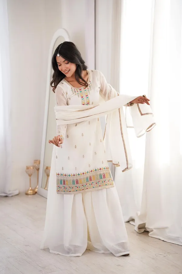 White_Silk_Premium_&_Fancy_Design_Kurti_And_Palazzo_Set_For_Women