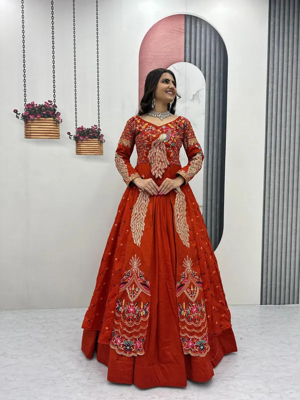Orange_Pure_Vichitra_Premium_&_Fancy_Design_Anarkali_For_Women