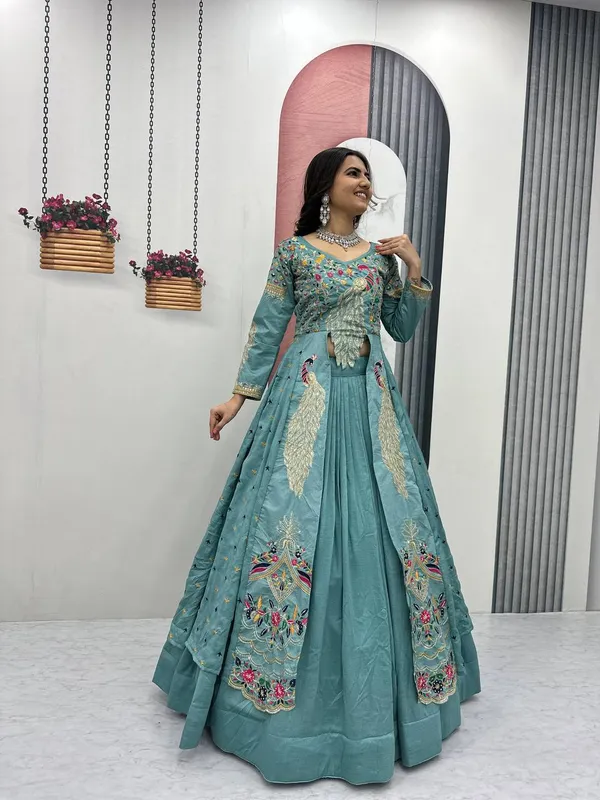 Teal_Blue_Pure_Vichitra_Premium_&_Fancy_Design_Anarkali_For_Women