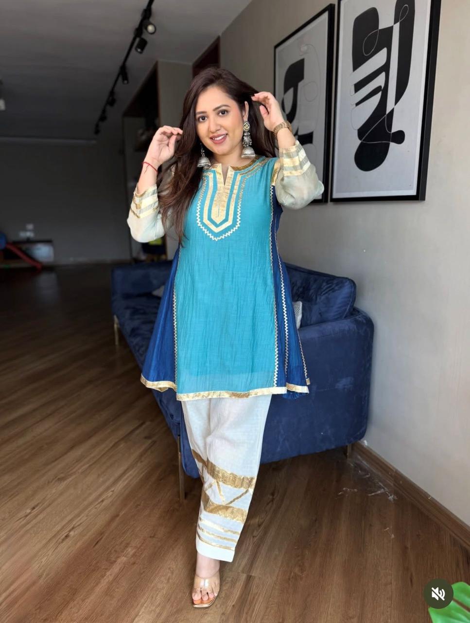 Blue_Chinon_Premium_&_Fancy_Design_Kurti_And_Pant_Set_For_Women