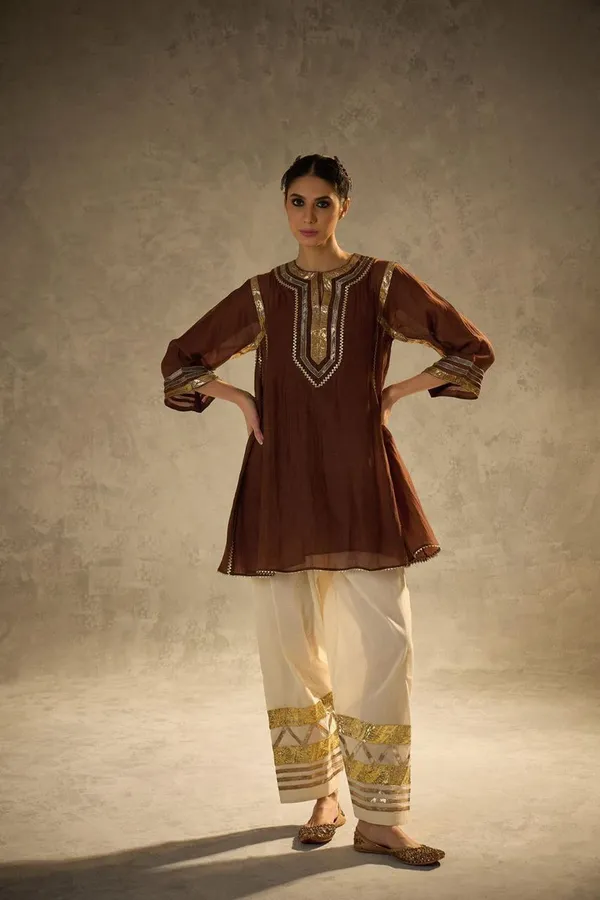 Brown_Chinon_Premium_&_Fancy_Design_Kurti_And_Pant_Set_For_Women