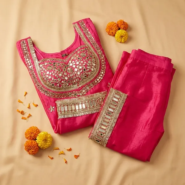 Deep_Pink_Silk_Premium_&_Fancy_Design_Kurti_And_Palazzo_Set_For_Women