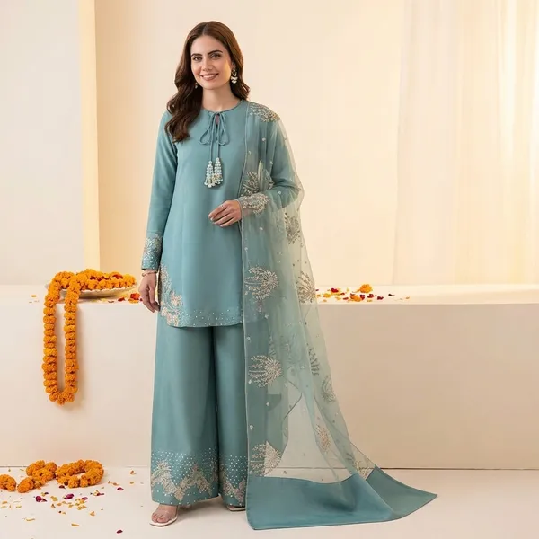 Blue_Cotton_Premium_&_Fancy_Design_Kurti_And_Palazzo_Set_For_Women