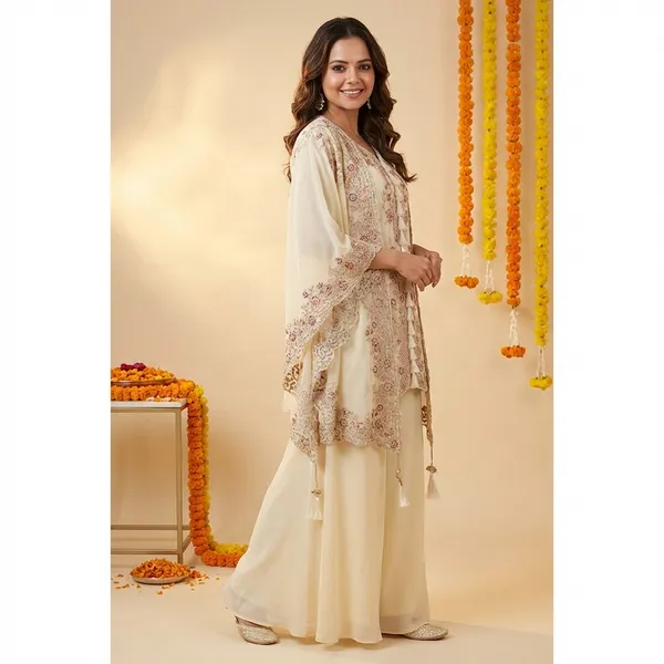 White_Georgette_Premium_&_Fancy_Design_Kurti_And_Palazzo_Set_For_Women