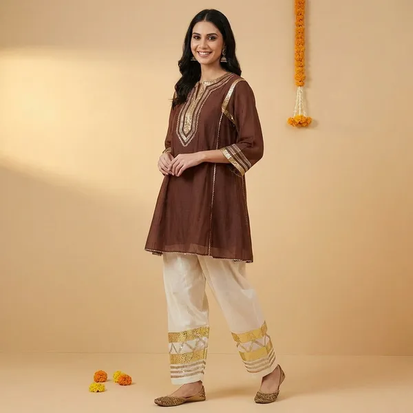 Brown_Chinon_Premium_&_Fancy_Design_Kurti_And_Pant_Set_For_Women