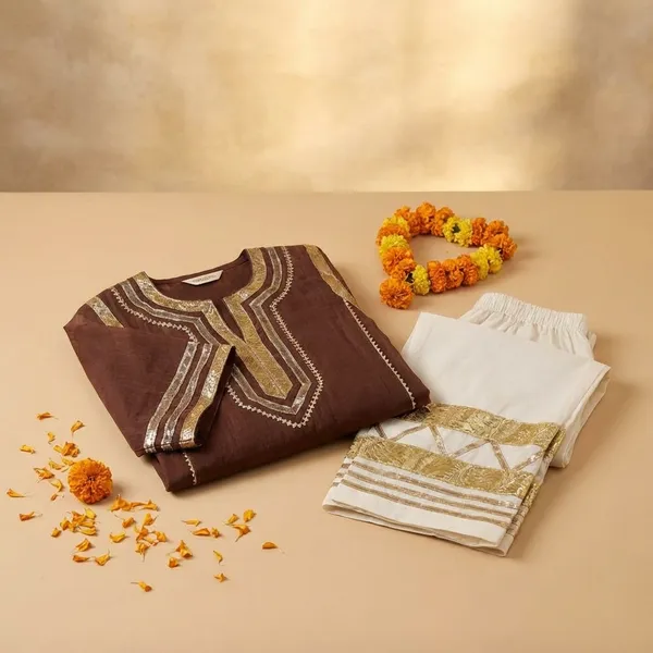 Brown_Chinon_Premium_&_Fancy_Design_Kurti_And_Pant_Set_For_Women