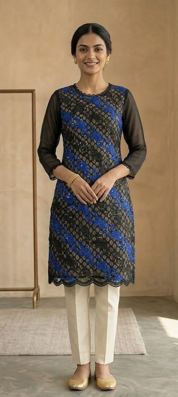 Women_Solid_Trail_Cut_Kurta_(Blue,_Black)