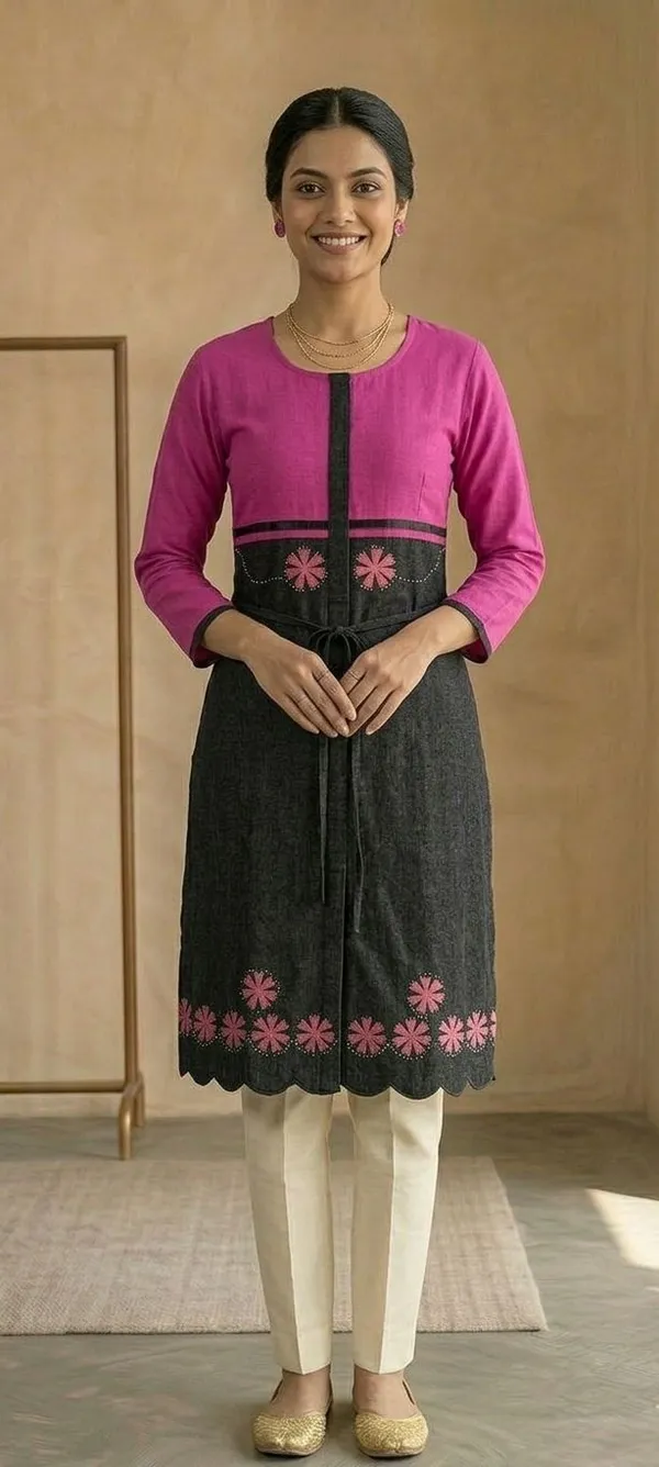 Women_Woven_Design_Front_Slit_Kurta_(Black,_Pink)