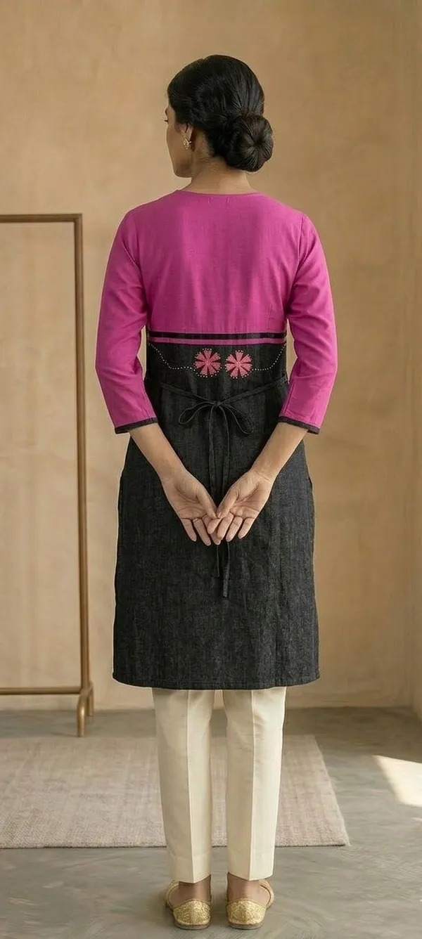 Women_Woven_Design_Front_Slit_Kurta_(Black,_Pink)