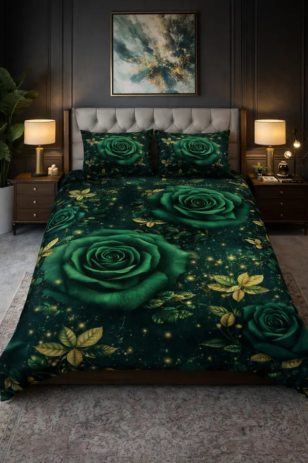 Green_Floral_Rose_Print_King_Size_Bed_Sheet_With_Pillow_Covers