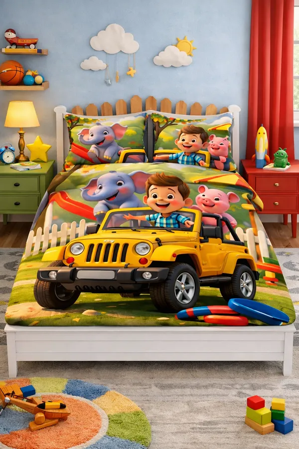 Colorful_Cartoon_Character_Print_Kids_Bed_Sheet_With_Pillow_Covers