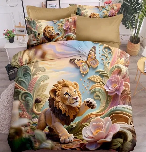 Multicolor_3D_Lion_Butterfly_Floral_Print_Bed_Sheet_Set