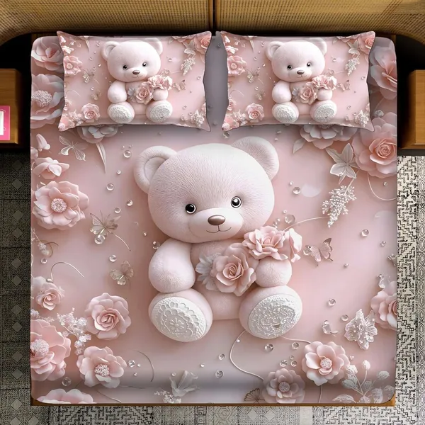 Pink_Teddy_Bear_Floral_Print_Bedding_Set_With_Pillow_Covers